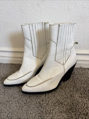 Mango White Western-Style Ankle Booties with Block Heel